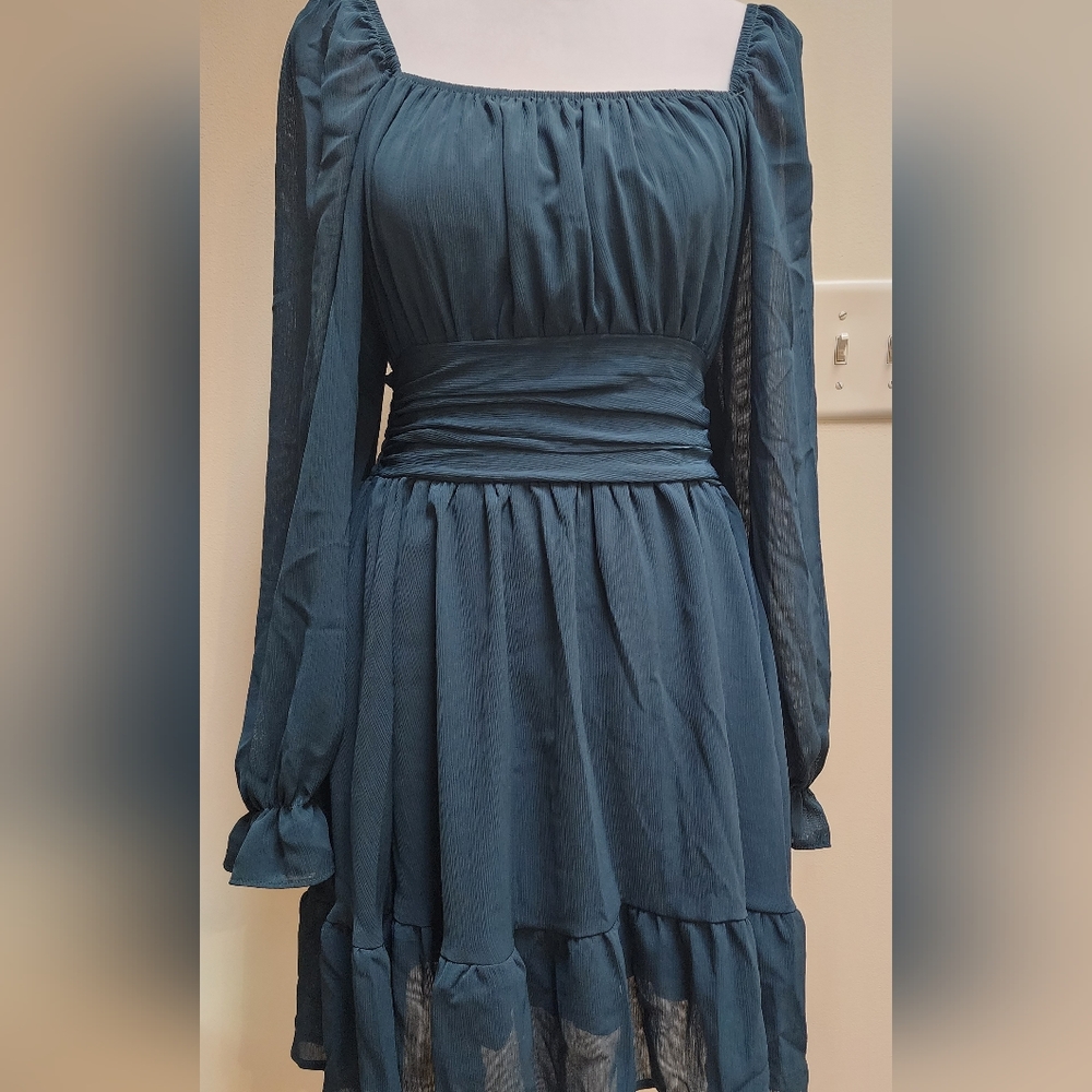 NWT Women's Peacock Blue Boho Ruffle Dress Long Lantern Sleeves Size S - Picture 8 of 15